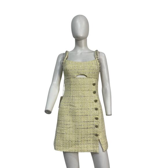 Self-Portrait Embellished Yellow Polyester Cutout Metallic Tweed Mini Dress - Picture 2 of 5
